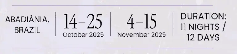 14-25 October 2025 Abadía, Brazil - Distance Energy Healing Retreat for holistic wellness and spiritual growth. Join a 11-night, 12-day healing experience focused on energy balance and renewal.